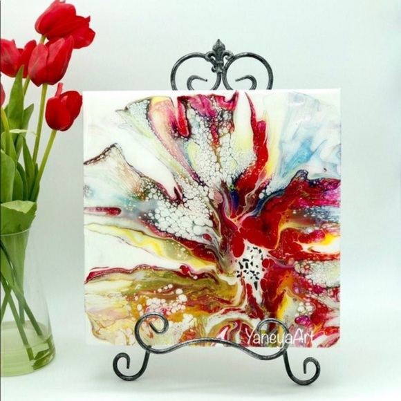 yaneyaart Other - Off white red gold abstract flower Art Home Decor Resin Painting